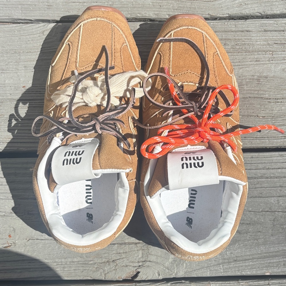 Miu Miu x New Balance collab Tan Sneakers with Orange and Brown Accents